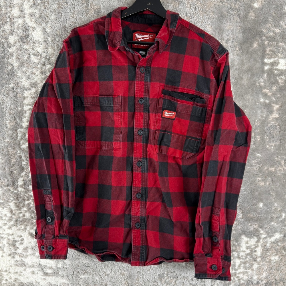 Milwaukee Size L Gridiron Buffalo Plaid Workwear Flannel Shirt Red Black Mens